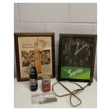 1980 GA BULLDOG CHAMPIONS COKE BOTTLE, VINTAGE PEPSI COLA CAN, LIGHTED SPRITE ADVERTISING CLOCK 12X16 & VINTAGE FRAMED ORANGE CRUSH ADVERTISEMENT 12 1/2" X 16 1/2"