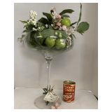 LARGE BLOWN MARTINI GLASS COMPOTE FULL OF ARTIFICIAL GREENERY 16" TALL X 11" WIDE