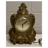 VINTAGE LANSHIRE GOLD PAINTED ELECTRIC CHALKWARE MANTLE CLOCK 15 1/2" TALL X 11" WIDE X 4 3/4" DEEP