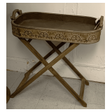 RUSTIC AFRICAN WOOD/TIN FOLDING STAND W/ REMOVABLE DECORATIVE TRAY 27" X 16" X 26" TALL