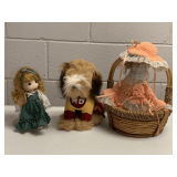 BAMBOO WALL BASKET W/ HAND CROCHET DOLL, 1986 CARNATION "MIGHTY DOG" PLUSH & PRECIOUS MOMENTS "IRISH SHANNON" DOLL ON STAND 9" TALL