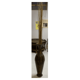 VERY TALL TIN METAL BRONZE VASE W/ DRIED BAMBOO STICKS (VASE 33 1/2" TALL X 9" WIDE)