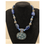 VINTAGE BLUE LAMPWORK GLASS BEADED NECKLACE W/ OVAL ENAMEL PENDANT 16" LONG