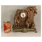 VINTAGE CAST METAL MANTLE CLOCK (ONE LEG MISSING) 10" WIDE X 10 1/2" TALL X 5 1/2" DEEP