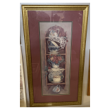 "TEACUPS, ROSES & LACE" SIGNED FRAMED/MATTED PRINT BY BARBARA MOCK 17X32