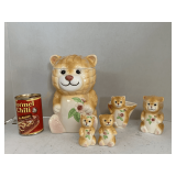 VINTAGE 7 PIECE CERAMIC TEDDY BEAR SET (COOKIE JAR 9" TALL, SUGAR/CREAMER, SALT/PEPPER SHAKERS)