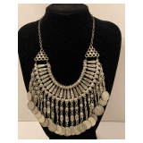BOHO SILVERTONE TRIBAL DESIGN COIN STATEMENT NECKLACE 16" LONG