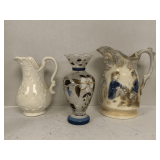 SIGNED VINTAGE EARTHENWARE PITCHER 7 1/2" TALL, VINTAGE WHITE PORCELAIN PITCHER 6 1/2" TALL & VINTAGE LUSTERWARE FLORAL BUD VASE 6 1/2" TALL