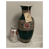 VINTAGE CHINESE VASE GREEN MALACHITE COLOR W/ PINK PEONIES 12 1/4" TALL