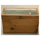 PINE CHEST WITH HAND PAINTED GOLD SCENE ON TOP 23" LONG X 10 3/4" DEEP X 14 1/2" TALL