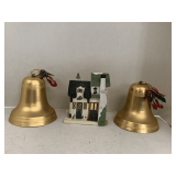 LIGHTED CERAMIC CHRISTMAS COTTAGE 6 1/2" TALL X 5 1/2" WIDE X 4" DEEP & 2 GOLD METAL BELLS 6" TALL X 6" ROUND