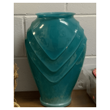 HEAVY TALL ART DECO TURQUOISE POTTERY VASE 16" TALL X 10" WIDE (HAS SMALL CHIP SEE PIC)
