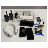 PAIR MOTOROLA WALKIE TALKIES, SEVERAL USB ADAPTORS (NEW), NEW FIT LINK SMART WATCH BAND & MORE (CONTAINER NOT INCLUDED)