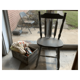 VINTAGE PAINTED SOLID WOOD SIDE CHAIR, VINTAGE WOODEN BOX FULL OF HAND CROCHET ITEMS