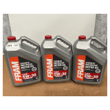 3 1.25 GALLON JUGS OF FRAM SAE 5W-30 SYNTHETIC HIGH MILEAGE MOTOR OIL