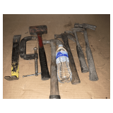 MISCELLANEOUS TOOLS INCLUDING HAMMERS A C-CLAMP AND PRY BAR