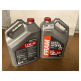 2 1.25 GALLON/5 QUART JUGS OF FRAM SAE 5W-30 SYNTHETIC HIGH MILEAGE MOTOR OIL
