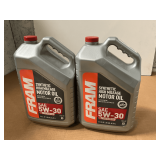 2 FIVE QUART JUGS OF FRAM 5W30 SYNTHETIC HIGH MILEAGE MOTOR OIL