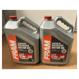 2 FIVE QUART JUGS OF FRAM 5W30 SYNTHETIC HIGH MILEAGE MOTOR OIL
