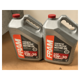 2 FIVE QUART JUGS OF FRAM 5W30 SYNTHETIC HIGH MILEAGE MOTOR OIL