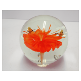 Orange Flower and Bee Glass Paperweight