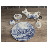VINTAGE HOLLAND THEME BLUE & WHITE CHINA DECORATIVE PLATE, COW CREAMER, AND MORE