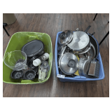 TWO LARGE STORAGE TUBS FILLED WITH FLATWARE, COOKWARE, AND SMALL APPLIANCES