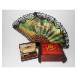 Vintage Hand Fan, Razor and Wooden Box