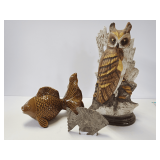 Ceramic Owl, Stone & Porcelain Fish Figurines