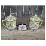 VINTAGE JAPANESE SINGLE HANDLE COVERED JARS AND LINDNER BAVARIA DECORATIVE TRINKET DISH