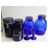 Assorted Blue Glassware and Jars