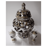 North Carolina Souvenir Salt & Pepper Shakers & Ceramic Silver Painted Lidded Urn