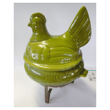 Green Glazed Ceramic Chicken Dish with Metal Warming Stand