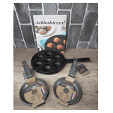 DE BUYER MINERAL ELEMENT SMALL PANS WITH ORIGINAL PACKAGING PLUS PLUS AEBLESKIVERS CAST IRON MUFFIN PAN WITH COOKBOOK