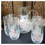 Glass Pitcher and Tumbler Set with Floral Design