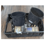 KNOCK DOWN CRATE FILLED WITH FLATWARE, STOCK POTS, PLANT HARLEY BRANCH STACK BRICK, AND MORE