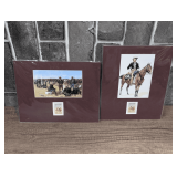 PAIR OF SMALL FREDERIC REMINGTON ART PRINTS WITH FREDERIC REMINGTON 4 CENT STAMPS