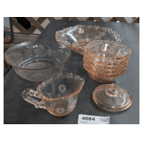 PINK DEPRESSION GLASS STYLE BOWLS AND SERVING PIECES, ALL OBTAINED IN GERMANY