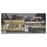 CONTENTS MIDDLE SHELF MARKED 2168 INCLUDING WOODEN PARTS BINS, PLUMBING PARTS, SOLDER, AND MORE