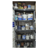 RUBBERMAID SHELVING UNIT AND CONTENTS INCLUDING PAINT, KILZ, WOOD STAIN, AND MORE
