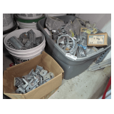 TUB, BOX, AND 5 GALLON BUCKET OF BEAM CLAMPS, ELECTRICAL CONDUIT FITTINGS, ELECTRICAL CONDUIT LOCK NUTS, OUTDOOR OUTLET BOXES, AND MORE