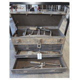 ANTIQUE METAL TOOL BOX AND TOOLS
