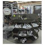 LARGE VINTAGE HARDWARE STORE CAROUSEL DISPLAY UNIT WITH CONTENTS AND SCALES INCLUDING A HUGE NUMBER OF PLUMBING PARTS