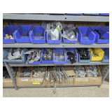 PLASTIC PARTS BINS AND CONTENTS ON BOTTOM THREE SHELVES MARKED 2004 INCLUDING ROLL-UP SHOP / GARAGE DOOR HARDWARE, THREADED RODS, HINGES, AND MORE