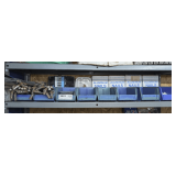 PLASTIC PARTS BINS AND CONTENTS ON SINGLE SHELF MARKED 2021 INCLUDING CONCRETE ANCHORS, ALUMINUM NAILS, AND MORE