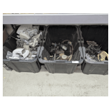 THREE STORAGE TUBS WITH SPRINKLERS, PUMPS, AND RAIN GUTTER REPAIR SUPPLIES