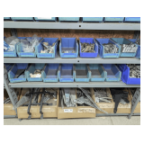 PLASTIC PARTS BINS AND CONTENTS ON BOTTOM THREE SHELVES MARKED 2012 INCLUDING BRACKETS, DOOR HARDWARE, HOSE CLAMPS, LARGE FENCE HINGES, AND MORE