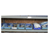 PLASTIC PARTS BINS AND CONTENTS ON SINGLE SHELF MARKED 2010 INCLUDING DOOR HARDWARE, SCREW IN HOOKS, FURNITURE PULLS, AND MORE