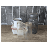 OLD ENAMELED METAL REFRIGERATOR BOX AND MUG, HALF-PINT MILK BOTTLES, AND LARGE VINTAGE ATLAS E-Z SEAL BAIL LID MASON JAR