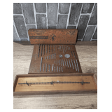BARBED WIRE DISPLAY, ANTIQUE NAIL IDENTIFICATION DISPLAY, AND OLD METAL MARBLES GUN CLEANING KIT BOX